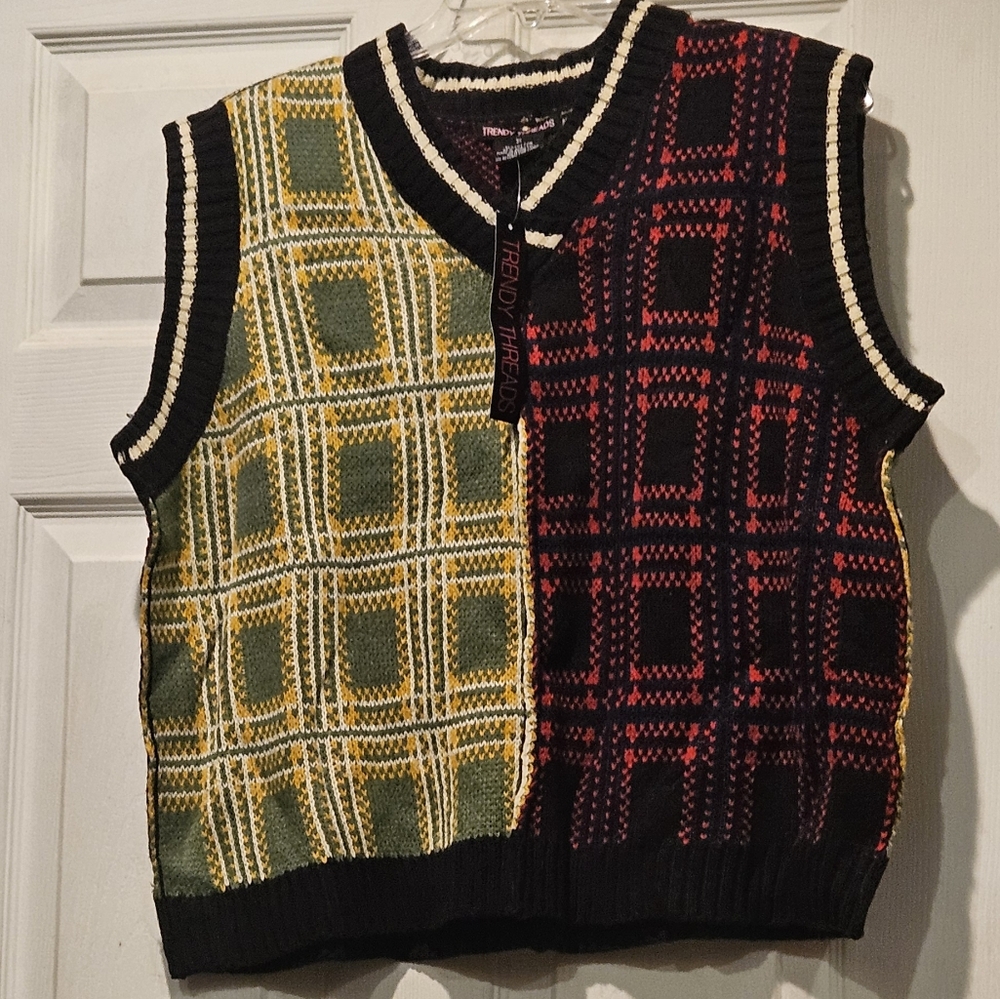 Colorblock Plaid Knit Sweater Vest - Green & Red